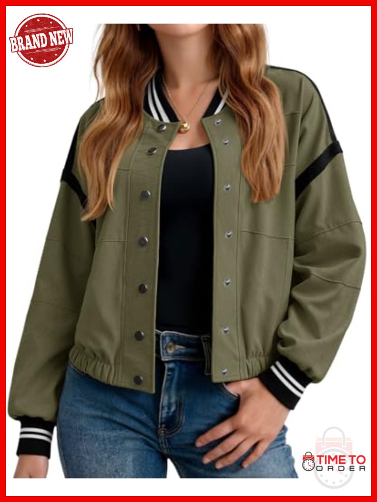 Womens Cropped Bomber Jacket Varsity Casual Button Down Lightweight Utility